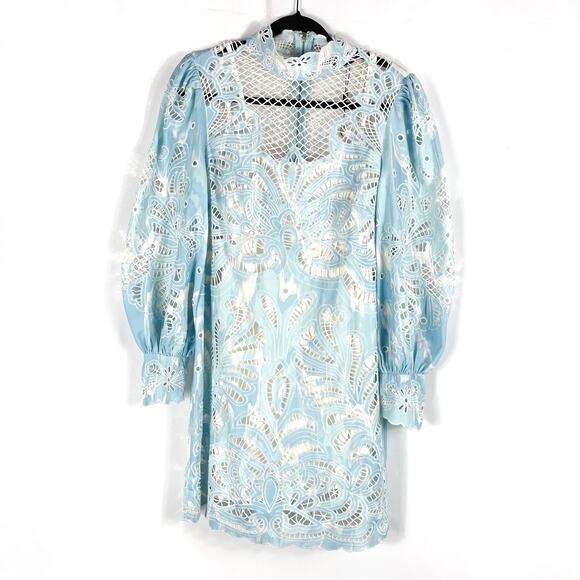 Karen Millen Paisley Lace Cutwork Dress Blue Mini Long Sleeve Sz 10 US - Picture 5 of 15